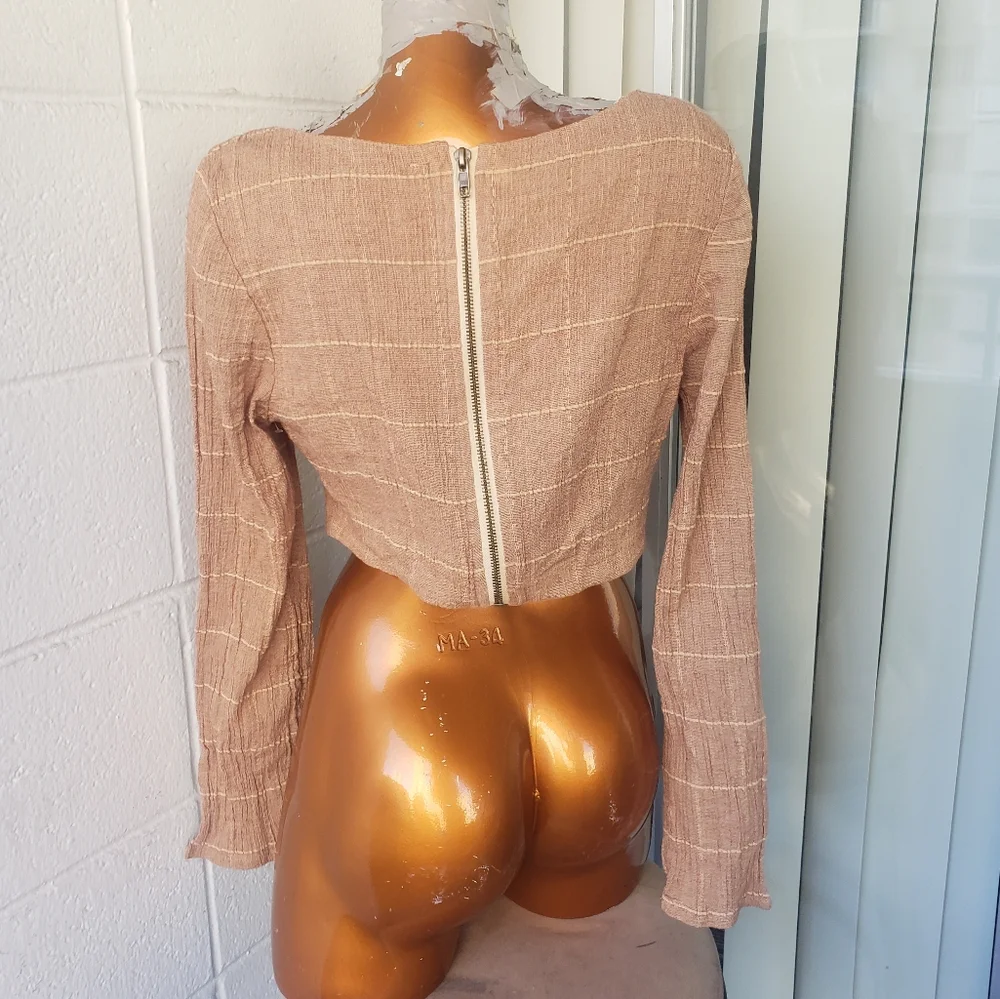 free people long sleeve square neck light brown cotton gauzy crop top plaid 10